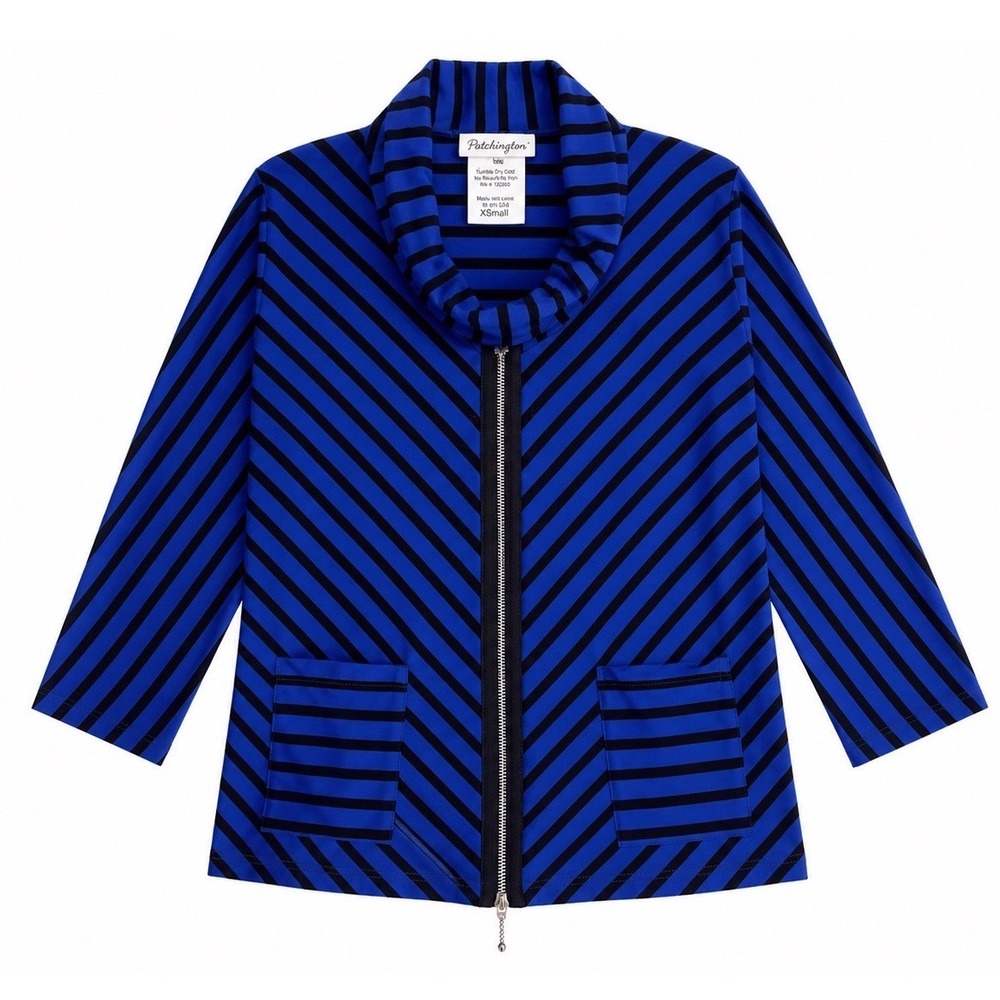 Patchington Womens Blue Black Striped Reverse Zip Front Cowl Neck‎ Top XS